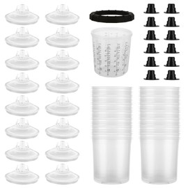 YAYODS 25 Pack Disposable Paint Sprayer Gun Cup Liners and Lid System for Spray Gun, Paint Cups 20 Ounce (600ml) Kit with 25 Mixing Cup Liners, 25 Lids, 10 Plugs, 1 Hard Cup with Retainer Ring