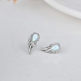 Angel Wing Earrings for Women,925 Sterling Silver Opal and Moonstone Angel Earrings Studs Angel Jewelry Present for Angel Lover (Opal angle wings)