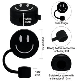 Whaline 6Pcs Black Smile Face Straw Covers 0.4 Inch Silicone Reusable Round Straw Toppers Double Sided Pattern Straw Tip Covers for 30 & 40 OZ Tumbler with Handle