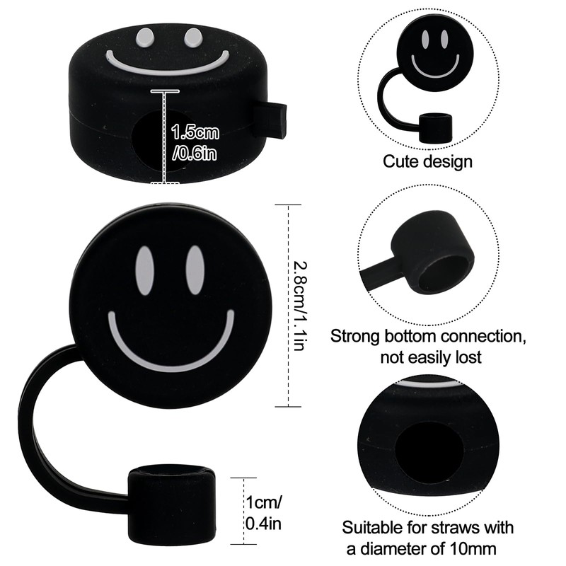 Whaline 6Pcs Black Smile Face Straw Covers 0.4 Inch Silicone