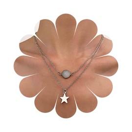 Cimenexe Bohemian Layered Star Opal Choker Necklace Silver Star Pendant Necklace Round Opal Chain Necklace Retro Star Gemstone Necklace Jewelry for Women and Girls Gifts