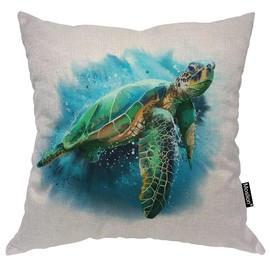 Moslion Big Sea Turtle Pillow Cases Wildlife Turtle in Blue Ocean Diving Nature Watercolor Painting Throw Pillowcases 18x18 Inch Cushion Cover Home Decor Cotton Linen Pillow for Sofa Bed