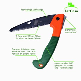 TerCasa® Folding Hand Saw, Garden Folding Saw with Safety Lock, Saw Blade Length 16 cm, Stainless Steel Saw Blade for Branch Work and Tree Care