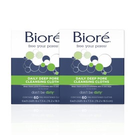 Bioré Daily Facial Cleansing Cloths, with Dirt-grabbing Fibers for Deep Pore Cleansing and Makeup Removal without Oily Residue, 60 Count (Pack of 2)
