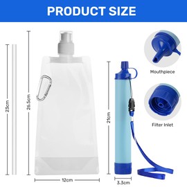 HOTUT Camping Water Filter, 2 Pcs Personal Water Filtration Straw with Gravity Water Bag, Outdoor Water Filter 0.01 Micron Water Filtration System Emergency Gear for Hiking Climbing Travel Backpacking