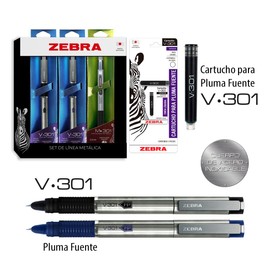 Zebra set de regalo 2 plumas fuente de acero inoxidable V-301 tinta negra y azul + portaminas M-301 + 5 cartuchos de repuesto tinta negra para las plumas fuente.