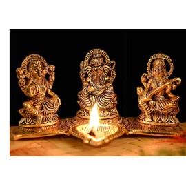 Zig Zag Lod Laxmi Ganesh Saraswati Ji Antique Metal Idol with Diya for Showpiece, Pooja Room, Mandir, Home Office Decor Decorative Hindu God Religious Sculpture (Golden, Size- 4 Inches)