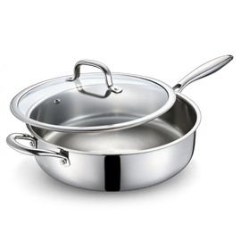 E-far Saute Pan with Lid, 12 Inch 6QT Tri-Ply Stainless Steel Deep Frying Pan, Braiser Pan & Chef Skillet, Non-toxic Cooking Pan for Induction Ceramic Gas Stoves, Heavy Duty, Oven & Dishwasher Safe