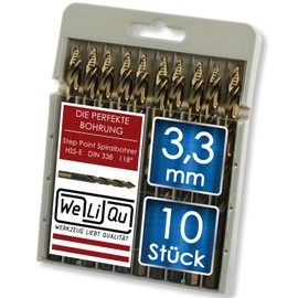 WELIQU HSS-E Cobalt Step Point Twist Drill Bit Diameter 3.3 mm Ground Self-Centering Metal Drill Bits 118° for Steel, Stainless Steel, Aluminium, Brass, Bronze, Cast Iron, Hardwood, Plastic, Pack of