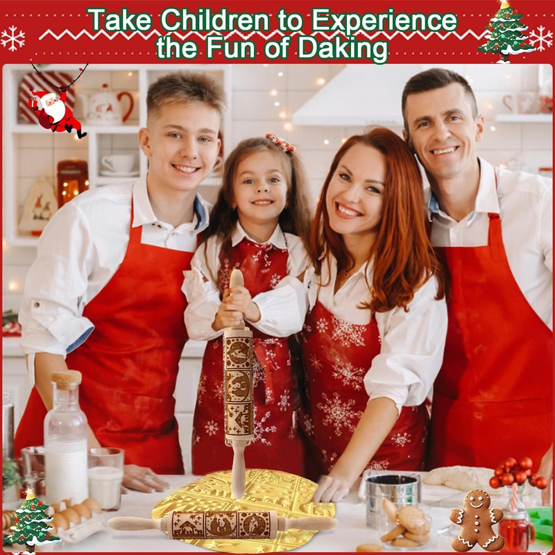 Christmas Rolling Pin, 3D Embossing Rolling Pin, Wooden Rolling Pin