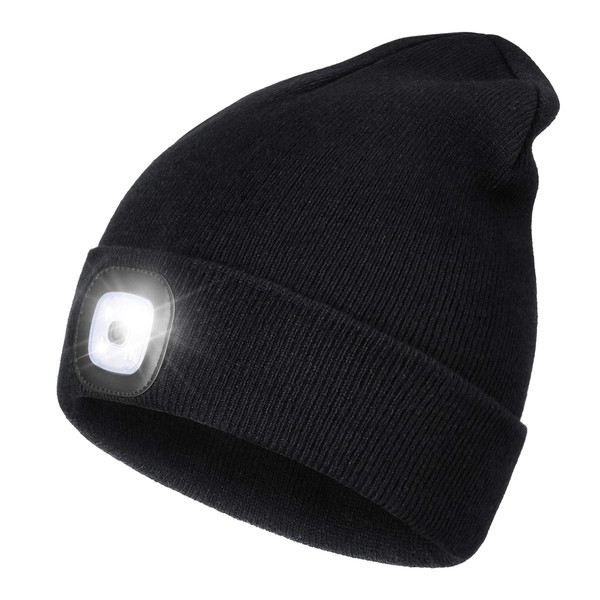 Rechargeable LED Lighted Beanie, Perfect Dad Gifts in Christmas, Stocking Fillers Cap with Light Hands Free Head Torch Unisex Winter Warm Knit Beanie Black