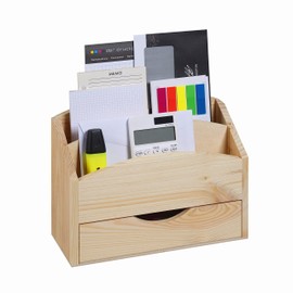 LOCALIS Desk Organiser, Letter Tray with Drawer, Pine Wood, 2 Compartments, Removable Divider, Document Tray, Post Tray, 25 x 10 x 20 cm (L x W x H)