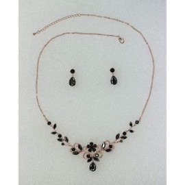 Faship Gorgeous Black CZ Crystal Floral Necklace Earrings Set - Black