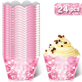 24pcs Pink Dessert Cupcake Wrappers Wedding Anniversary Bridal Shower Theme Decor Supplies Women Girls Happy Birthday Party Baking Wrapping Decorations