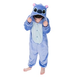 FunnyCos Unisex Kids Hooded Animal Onesie Supersoft Flannel Costume Pajamas Fancy Dress Playsuit Jumpsuit Blue Stitch 120