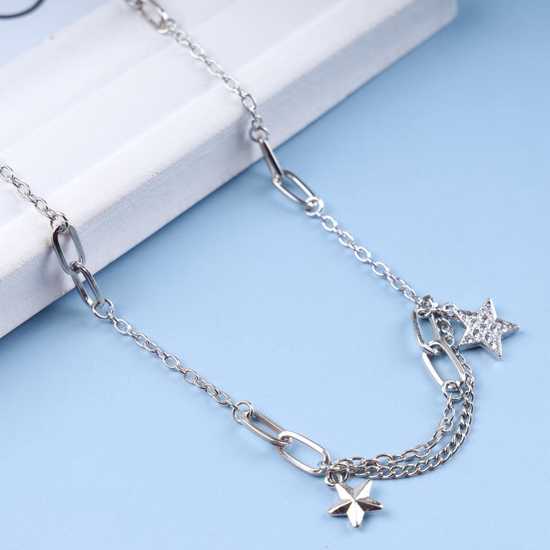 Cimenexe Bohemian Crystal Star Pendant Choker Necklace Silver Paper Clip