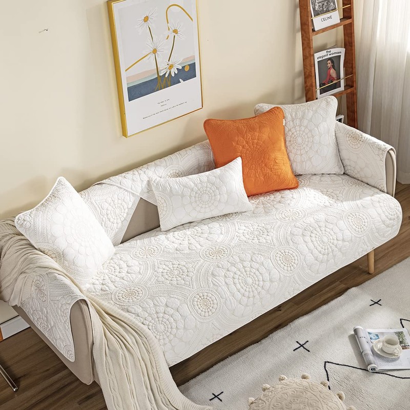 vctops Boho Circle Embroidery Couch Sofa Cover Solid Color Cotton