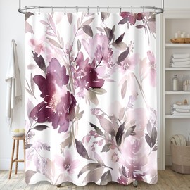 MAYZUS Long Shower Curtain 72 x 78 Inch, Tall Watercolor Floral Fabric Shower Curtain, Modern Abstract Mauve Flower Bathroom Shower Curtain Set with Hooks