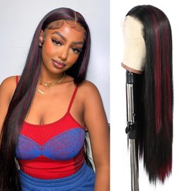 SOMIARIK 13x6 Black and Red Lace Front Straight Wigs Skunk Stripe Black Red Blonde Highlights Wig Bleached Knots Pre Plucked with Baby Hair Synthetic Wig 26 Inch