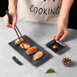 Youda Sushi Plate Set, 8 Piece Japanese Style Ceramic Sushi Plate Set Includes 2 Sushi Plates, 2 Soy Sauce Bowls, 2 Pairs of Chopsticks, 2 Chopstick Holders (2 Sushi Plate Set 8Pcs)