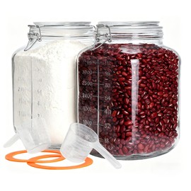 PUSCRIENO 2 Pack 1.1 Gallon Square Super Wide Mouth, Airtight Glass Storage Jars, with Measurement Marks, Leak-Proof Lids for Kitchen Pantry, Canning, Dry Food (Flour, Sugar) & Drinks