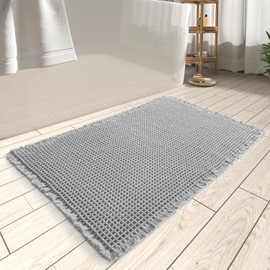 AMOAMI Upgraded Waffle Bath Mat, Super Absorbent Non Slip Bath Mats for Bathroom Floor, Machine Washable Bathroom Rugs with Tassels, Rubber Backed Bathroom Mats, Ultra Soft, 17" x 24", Grey
