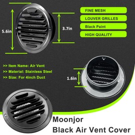 4inch Flat Stainless Steel Air Vents Cover, Louvered Grille Cover Vent Ducting Air Vent Wall Inlet with Mesh HVAC Grille for Bathroom, Kitchen, Basement Ventilation (4inch Black 1PC)