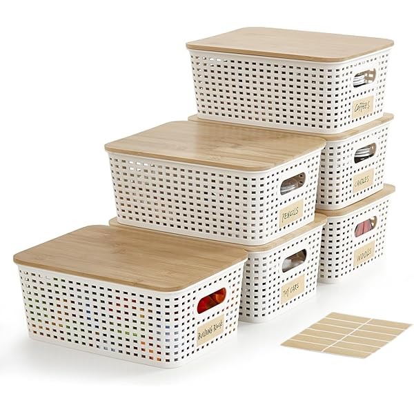 Small Plastic Storage Bins with Bamboo Lids 5.2qt Stackable Box