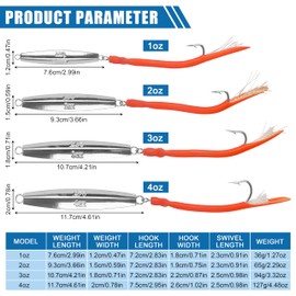 AGOOL Saltwater Diamond Jigs Fishing Lures Spoons with Tube Tail Flashing Teaser Stainless Steel J Hook for Offshore Trolling Striper Bass Cod Big Game Fishing 1oz,2oz,3oz,4oz 1PC (Red, 3 oz)