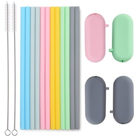 Sunseeke Sunseeke Silicone Straws Reusable - Odorless, 12 Standard Drinking Straws, 4 Carry Pouch, 2 Cleaning Brushes, Certificated Food Grade Platinum Silicone - 8 1/2" Long