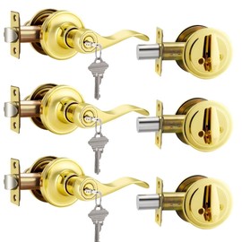 NIZADO 3 Pack Door Handle and Deadbolt Set Brass, Keyed Alike Door Lock Sets with Single Cylinder Deadbolt, Drop Style Reversible Door Handle