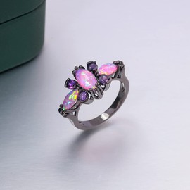 CiNily Black Gold Plated Purple Opal and Amethyst Ring for Women Ladies Big Gemstone Gothic Ring Jewelry Gift Size 7