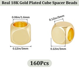 CREATCABIN Pack of 160 Genuine 18K Gold-Plated Brass Beads, Small Cube Spacer Beads, Gold Beads, Square, Loose, Smooth Mini Beads, Stackable Metal Beads, Cornerless, for DIY, Jewellery Making, 3 mm