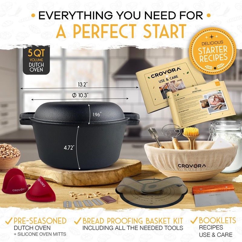 Crovora Pre-Seasoned Cast Iron Dutch Oven for Bread Baking with