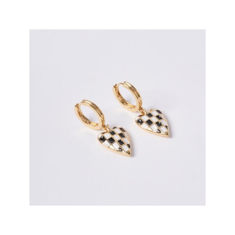 [POPTS] Black checkerboard heart one-touch earrings OTE122519EYX stone color /