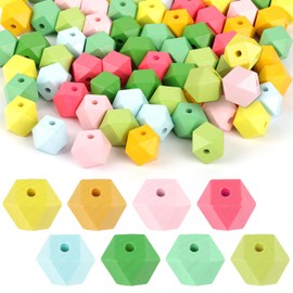 Deepton Pack of 80 Wooden Beads for Threading, Wooden Beads, Colourful, 15 mm Wooden Balls with Hole Geometric, Natural Craft Beads, DIY Wooden Beads Set for Jewellery Crafts