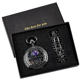 Tiong Roman Numeral Dial Mens Mechanical Moon Phase Design, Moon Sun Pattern Skeleton Mechanical Pocket Watches for Men with Box and Chain - Black