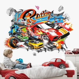 decalmile 3D Racing Cars Wall Stickers Break Through Red Cars Flags Wall Decals Boys Bedroom Kids Room Playroom Wall Decor