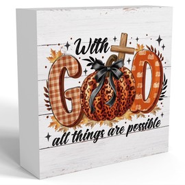 Fall Decor, Christian Pumpkin Wooden Box Sign, Fall Decorations for Home, Autumn Room Decor, Autumn Harvest Farmhouse Rustic Thanksgiving Country Sign for Kitchen Bathroom Bedroom Office - God
