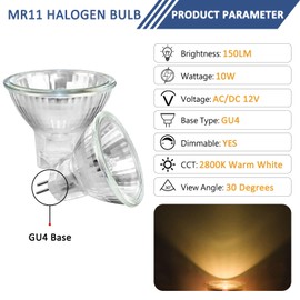 Caldarax Pack of 4 Dimmable 12V-10W GU4 Spotlights, 150LM, Warm White 2800K MR11 Reflector Lamp, 35 mm x 35 mm, Suitable for Christmas Lighting with Fibre Optic for Christmas Trees, Cooker Hoods