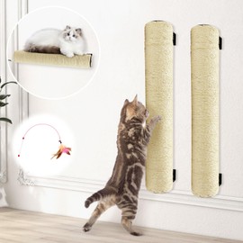 Apatal Wall Mounted Scratching Post for Cats 16 Inches Sisal Rope Cat Wall Scratcher Posts 2 Pack of Wall Mount Cat Furniture for Indoor Kittty to Scratch and Climbing with Feather Toys