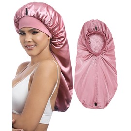 AWAYTR Long Satin Braids Bonnet for Women - 2 Layer Silk Bonnet for Braids Elastic Hair Sleeping Cap with Wide Band Nightcap (Pale Mauve)