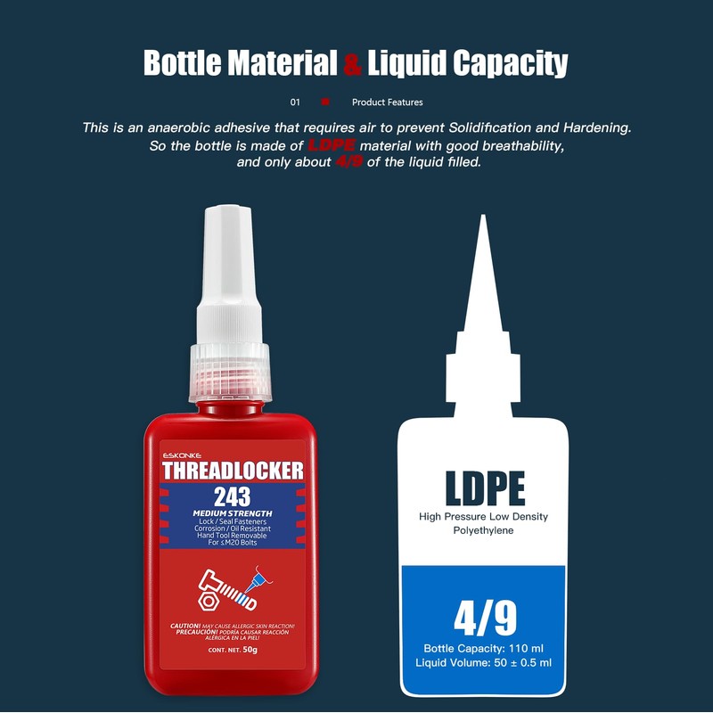 ESKONKE Thread Locker Blue 243 - Removable Threadlocker Metal Glue