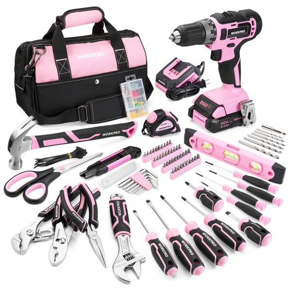 WORKPRO Pink Household Tool Kit with Drill, 157PCS Tool Set