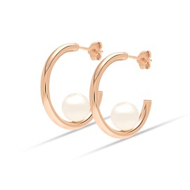 LeCalla 925 Sterling Silver C Hoop Earrings for Women's Rose-Gold Plated Jewelry Lightweight Small Classic Simulated Pearl Hoops Italian Half Earring Hoops for Women - 25mm