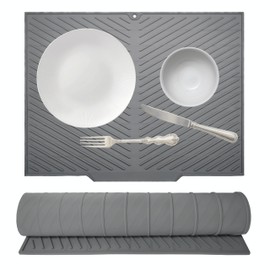 Silicone Dish Drying Mat for Kitchen Counter, Heat-Resistant Drying Pad, Non-Slip Easy Clean Dish Drainer Mat with Built-in Drain for Kitchen Counter, Sink, Refrigerator (17" x 13", Grey)