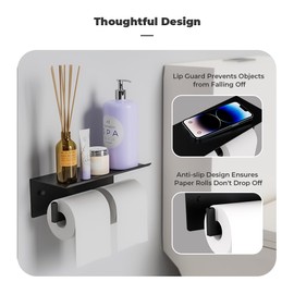 Double Toilet Paper Holder with Shelf, FreshGlow Tissue Holder Matte Black, Wall Mount Commercial Toilet Paper Dispenser Phone Shelf Stainless Steel, Tissue Roll for Bathroom