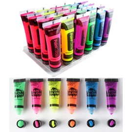 Quiet&Far Body Paint Set with tubes 24 x 25 ml / 1 fl oz Neon Glow in the dark paint face paint Blacklight Reactive Fluorescent Paint Non-Toxic