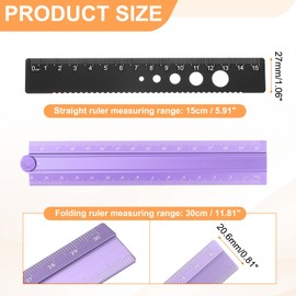 HARFINGTON Folding and Straight Ruler Kit 30/15cm Metric Aluminum Alloy Protractor Foldable Angle Wave Edge Ruler with Hollow Circle for Home Classroom Office, Purple