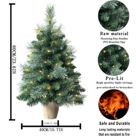 2ft Pre-lit Mini Artificial Christmas Tree,68 PVC Branches Tips & 17 Flowering Pine Needles & LED String Lights & Burlap Wrapped Base Green Xmas Tree for Desktop